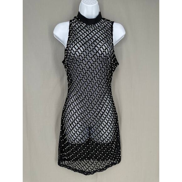 None Dresses & Skirts - Sheer Dress Womens Small Black Mini Silver Beads Sleeveless High Neck Party